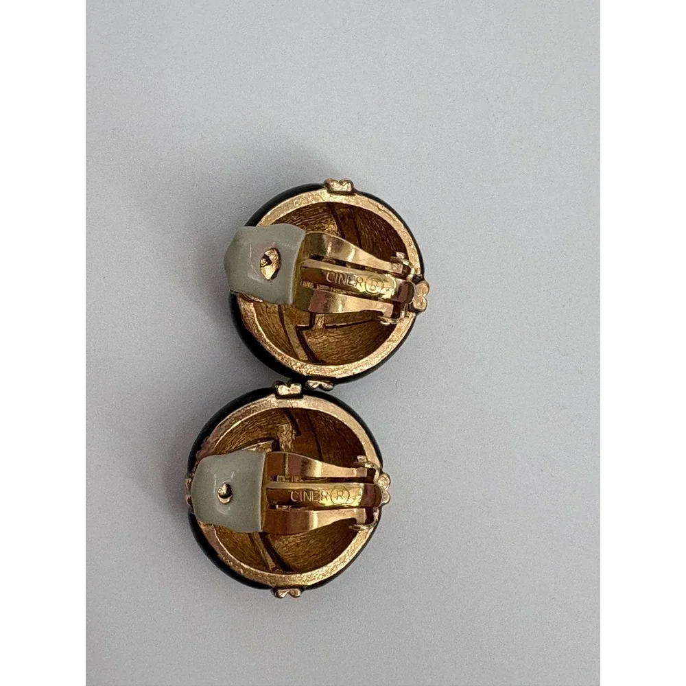 B46 Ciner Vintage Signed Black & Gold Clip On Earrings Rhinestone Knot Enamel